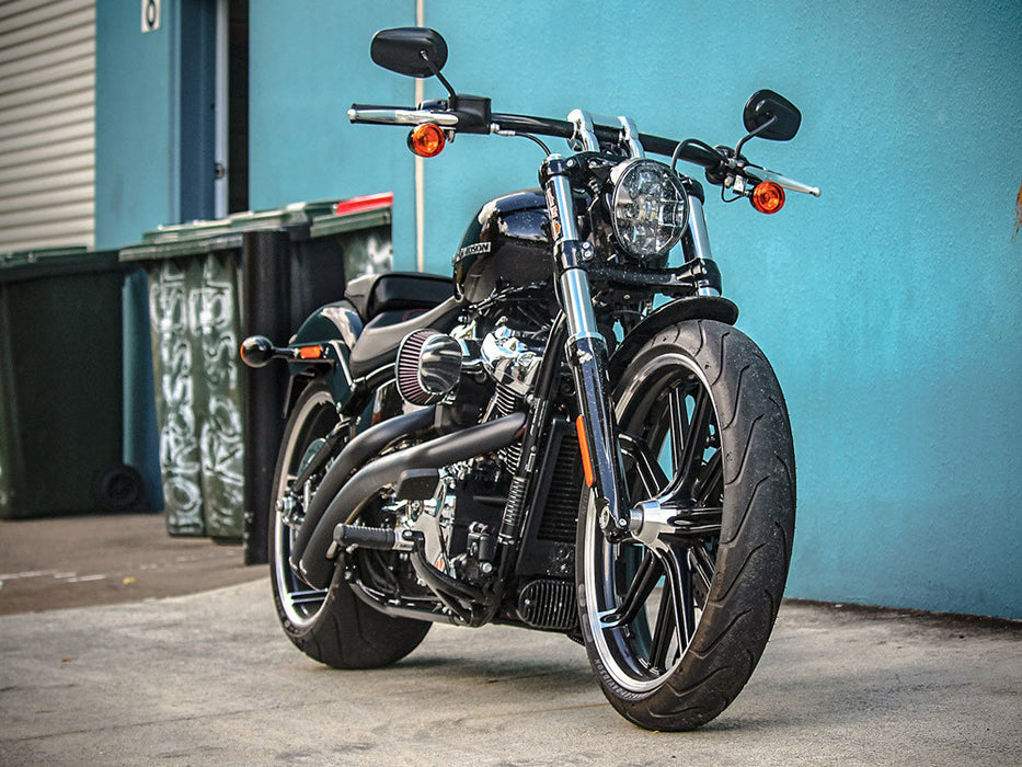 Radical Radius Exhaust - Black with Black End Caps. Fits Softail Breakout & Fat Boy 2018up