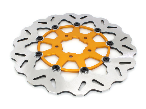 11.8in. Front Wave Floating Disc Rotor with Gold Carrier. Fits Dyna 2006-2017, Softail 2015up, Sportster 2014-2021 & Some Touring 2008-2023