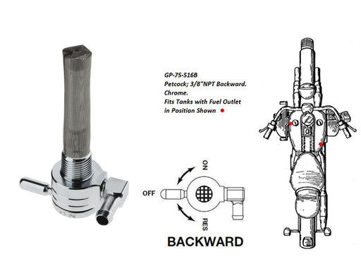 High-Flow Fuel Tap / Petcock with 3/8in. NPT Thread & 5/16in. Backward Facing Fuel Outlet - Chrome