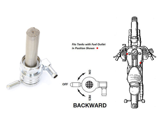 High-Flow Fuel Tap / Petcock with 22mm Thread & 5/16in. Backward Facing Fuel Outlet - Chrome. Fits Softail 1984-2006, Dyna 1991-2006, FXR 1982-1994, Touring 1988-2006, Sportster 1975-2006 & 4Spd Big Twin 1975-1986