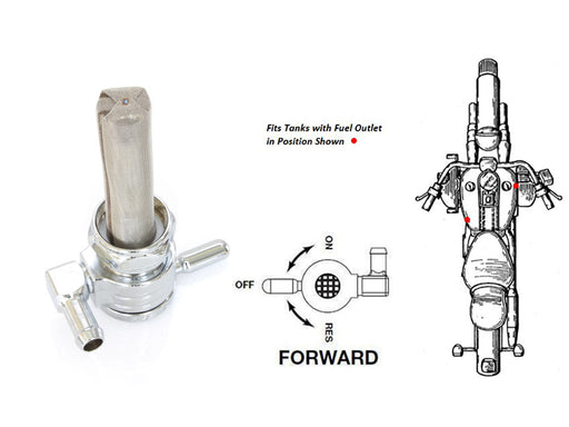 High-Flow Fuel Tap / Petcock with 22mm Thread & 5/16in. Forward Facing Fuel Outlet - Chrome. Fits Softail 1984-2006, Dyna 1991-2006, FXR 1982-1994, Touring 1988-2006, Sportster 1975-2006 & 4Spd Big Twin 1975-1986