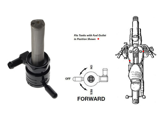 High-Flow Fuel Tap / Petcock with 22mm Thread & 5/16in. Forward Facing Fuel Outlet - Black. Fits Softail 1984-2006, Dyna 1991-2006, FXR 1982-1994, Touring 1988-2006, Sportster 1975-2006 & 4Spd Big Twin 1975-1986