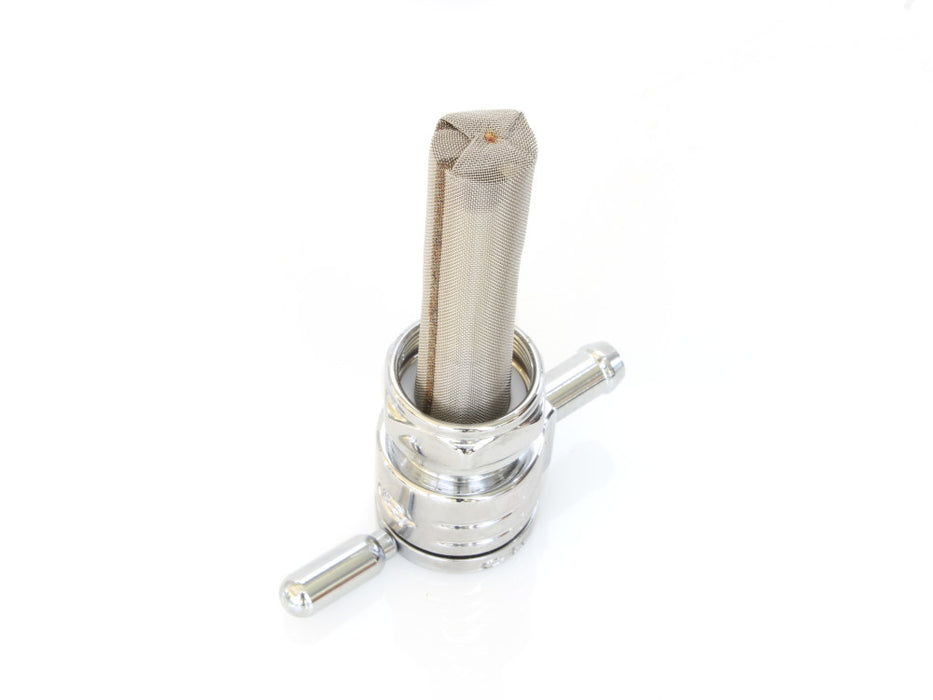 High-Flow Fuel Tap / Petcock with 22mm Thread & 5/16in. Inward Facing fuel Outlet - Chrome. Fits Softail 1984-2006, Dyna 1991-2006, FXR 1982-1994, Touring 1988-2006, Sportster 1975-2006 & 4Spd Big Twin 1975-1986