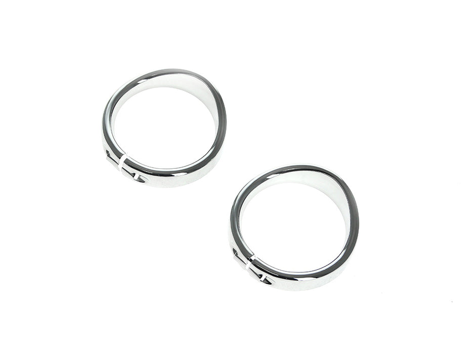 Peaked Visor Style Turn Signal Trim Ring - Chrome. Fits Front on FLSTC Softail 1986-2017, Rear on FLSTC Softail 1994-2017 & Front & Rear on Road King 2014up & Touring 1988-2013 all with Large Flat Lens Turn Signals