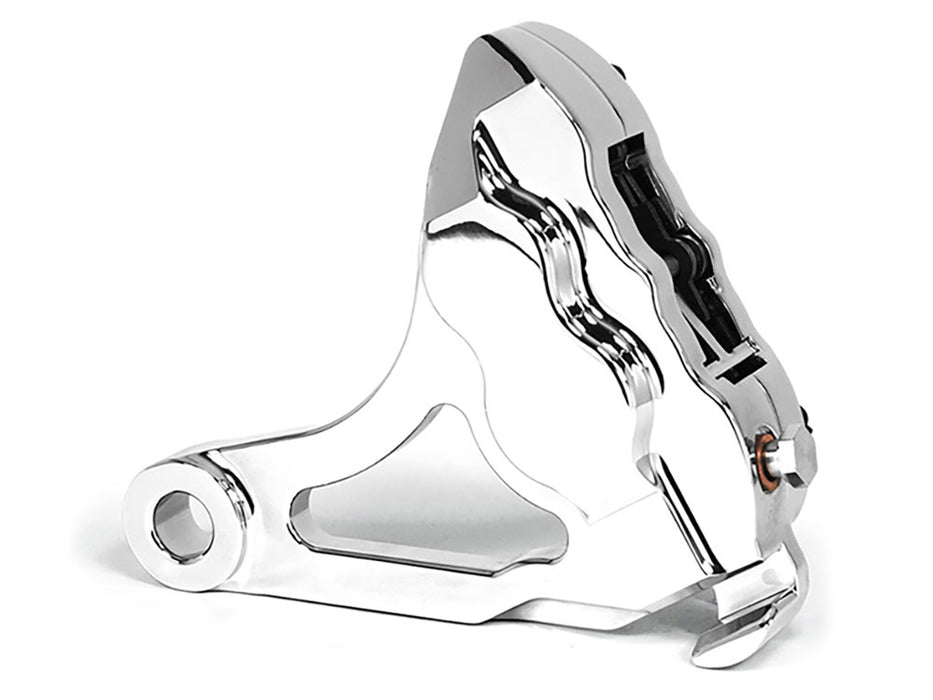 Right Hand Rear 4 Piston Caliper & Mounting Bracket - Chrome. Fits Softail 2000-2007.