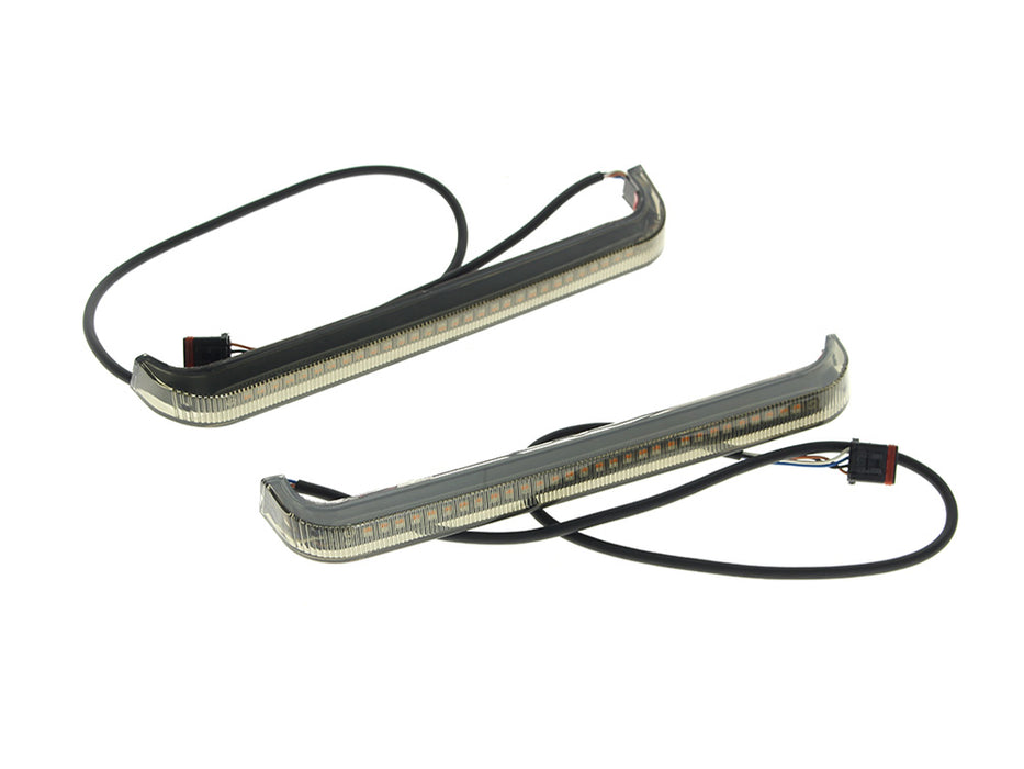 Sequential Slimline Saddlebag Lights. Red Run/Brake, Amber Turn with Smoke Lens. Fits CVO Touring 2023-2025, Street Glide & Road Glide 2024-2025, Touring 2025 Only