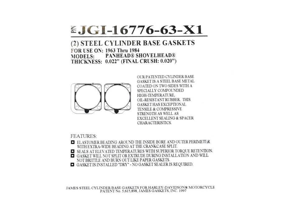 0.020in. Thick Cylinder Base Gaskets. Fits Big Twin 1963-1984.