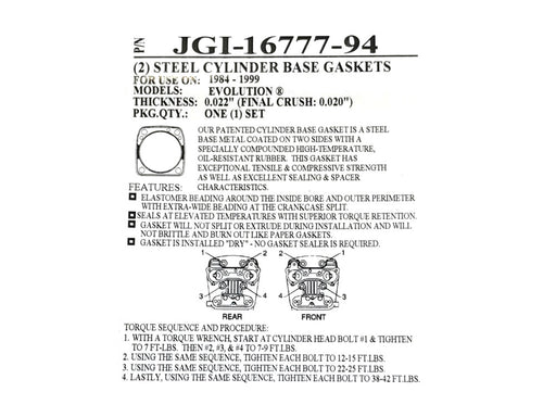 0.020in. Thick Cylinder Base Gaskets. Fits Evolution Big Twin 1984-1999.