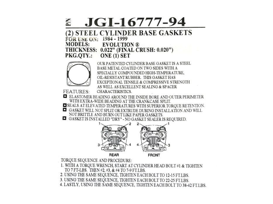 0.020in. Thick Cylinder Base Gaskets. Fits Evolution Big Twin 1984-1999.