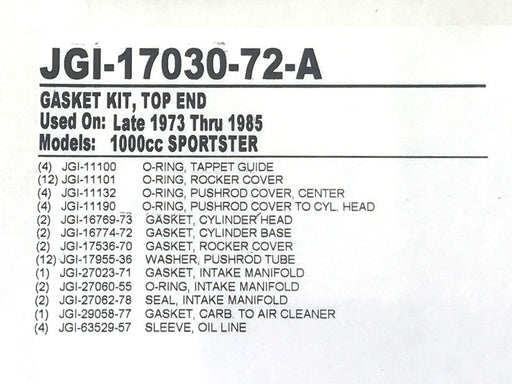 Top End Gasket Kit. Fits Sportster 1973-1985 with 1000cc Engine.