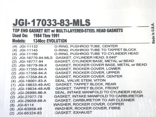 MLS Top End Gasket Kit. Fits Evolution Big Twin 1984-1991.