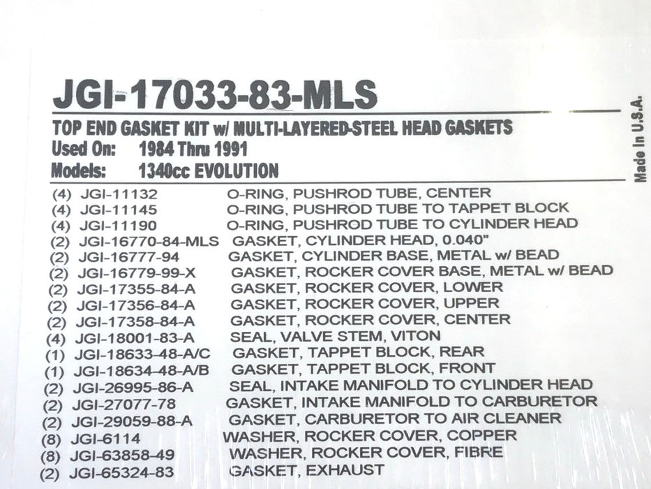 MLS Top End Gasket Kit. Fits Evolution Big Twin 1984-1991.