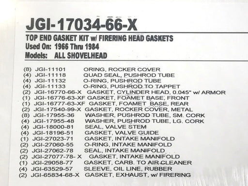 Top End Gasket Kit. Fits Big Twin 1966-1984 with Shovel Engine.