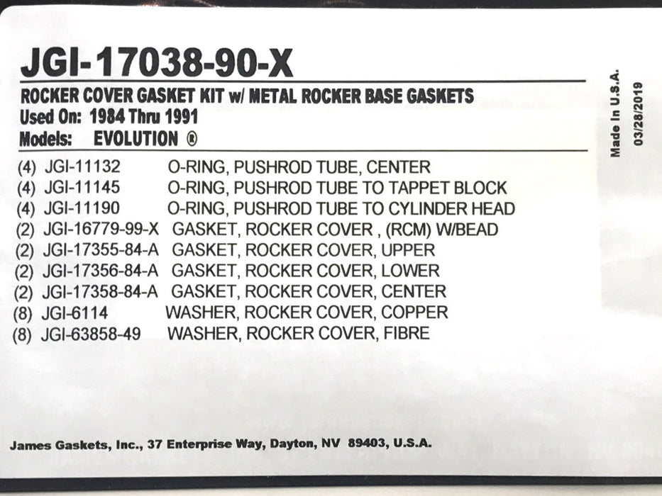 Rocker Cover Gasket Kit. Fits Evolution Big Twin 1984-1991.