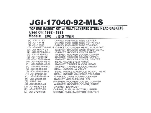 MLS Top End Gasket Kit. Fits Evolution Big Twin 1992-1999.