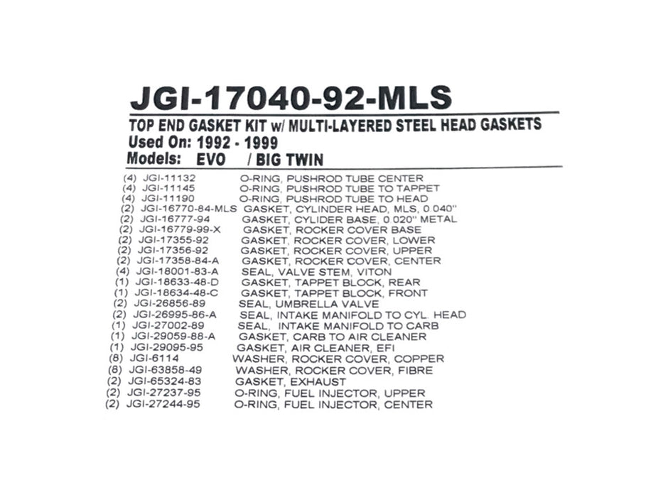 MLS Top End Gasket Kit. Fits Evolution Big Twin 1992-1999.