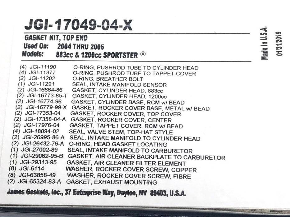 Top End Gasket Kit. Fits Sportster 2004-2006 with 883cc or 1200cc Engines.