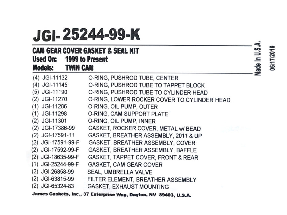 Cam Change Gasket Kit. Twin Cam 1999-2017.