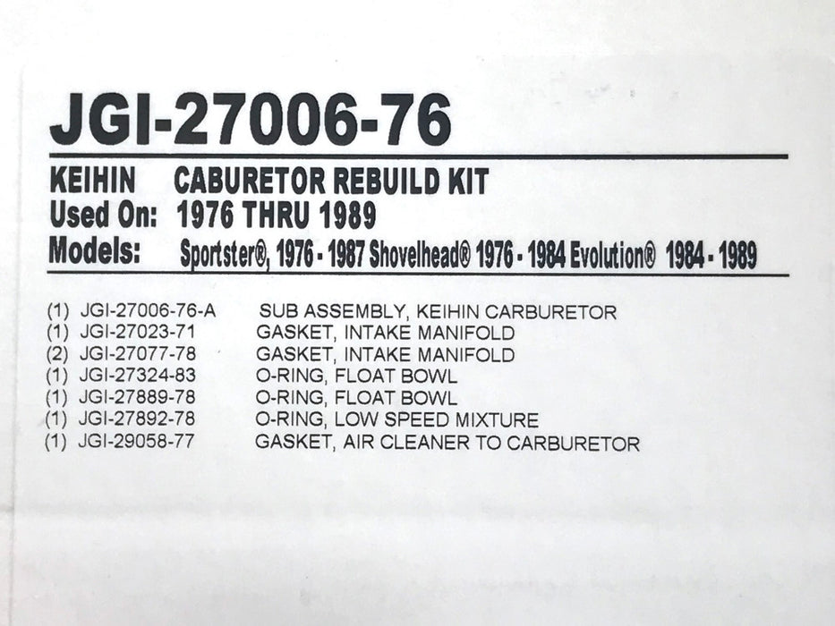 Keihin Carburettor Rebuild Kit. Fits Big Twin 1976-1989 & Sportster 1976-1987 – James Gaskets Inc