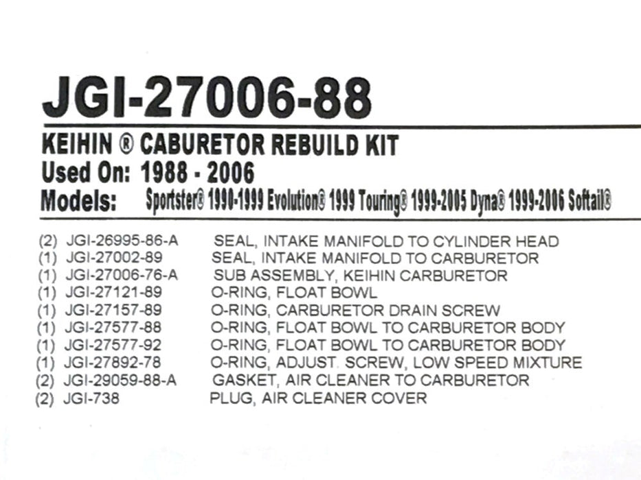 JAMES GASKETS CV Carburetor Rebuild Kit. Fits Big Twin 1990-2006 & Sportster 1988-2006
