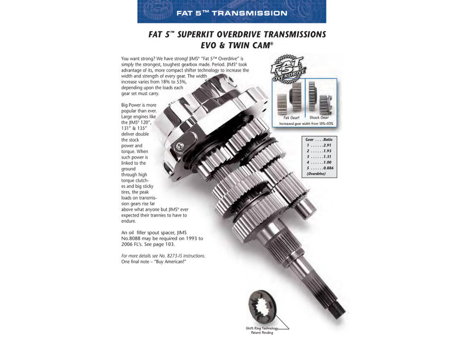 Fat 5Spd Overdrive Super Transmission Cassette. Fits Softail, Dyna & FXR 1990-1999
