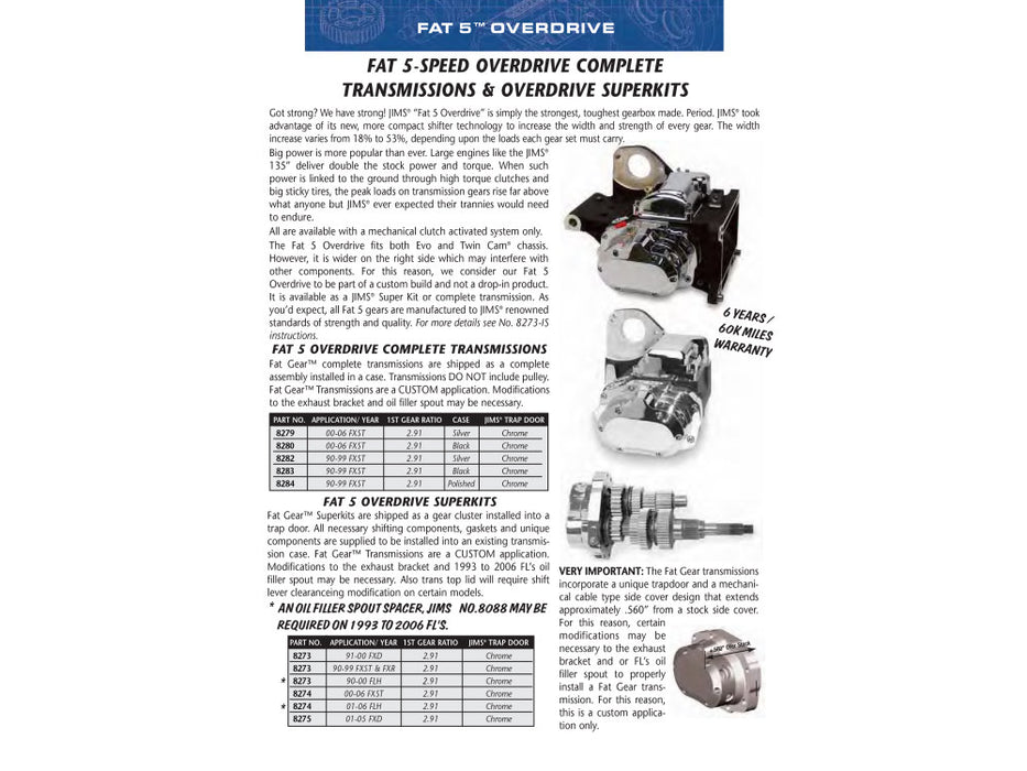Fat 5Spd Overdrive Super Transmission Cassette. Fits Softail, Dyna & FXR 1990-1999