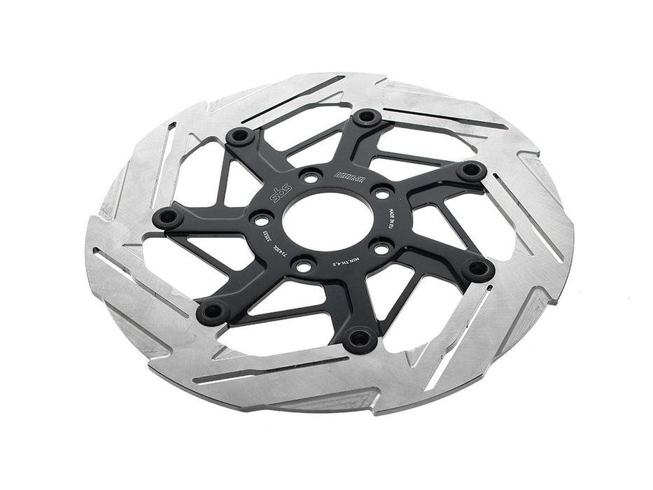 11.8in. Front 7-Spoke Disc Rotor - Polished Band & Black Carrier. Fits Dyna 2006-2017, Softail 2015up, Sportster 2014-2021 & Some Touring 2008up.