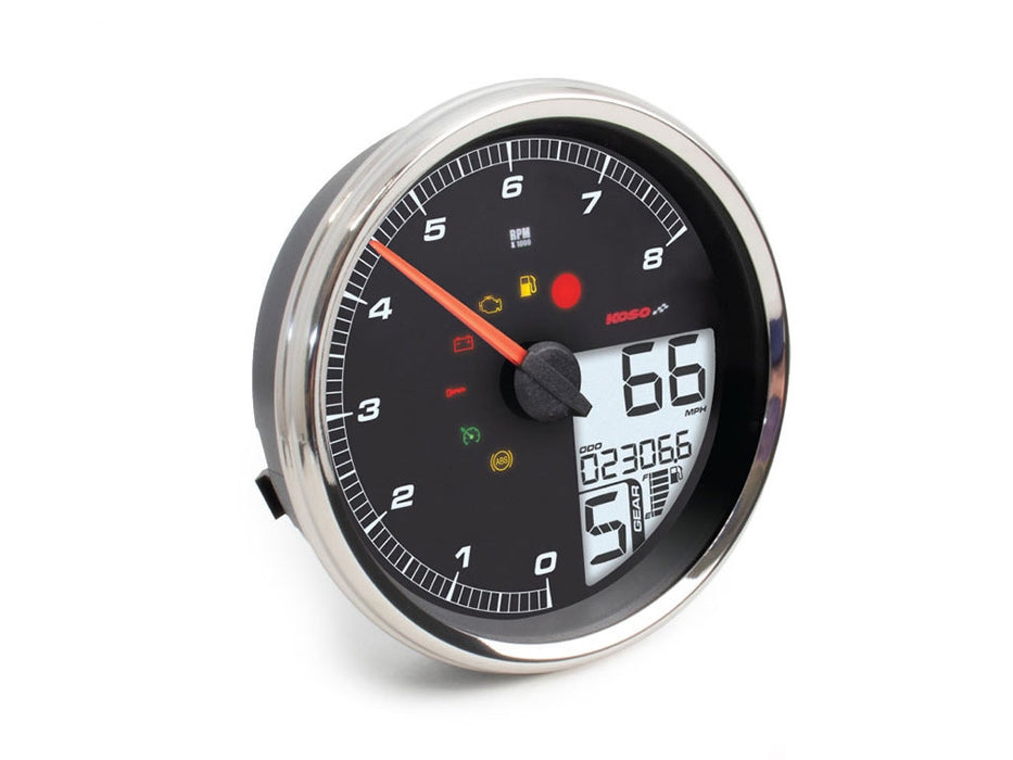 4-1/2in. Tank Mount Speedometer with Tachometer - Silver. Fits Softail 2011-2017, Road King 2014up & Dyna Switchback, Custom & Fat Bob 2012-2017.