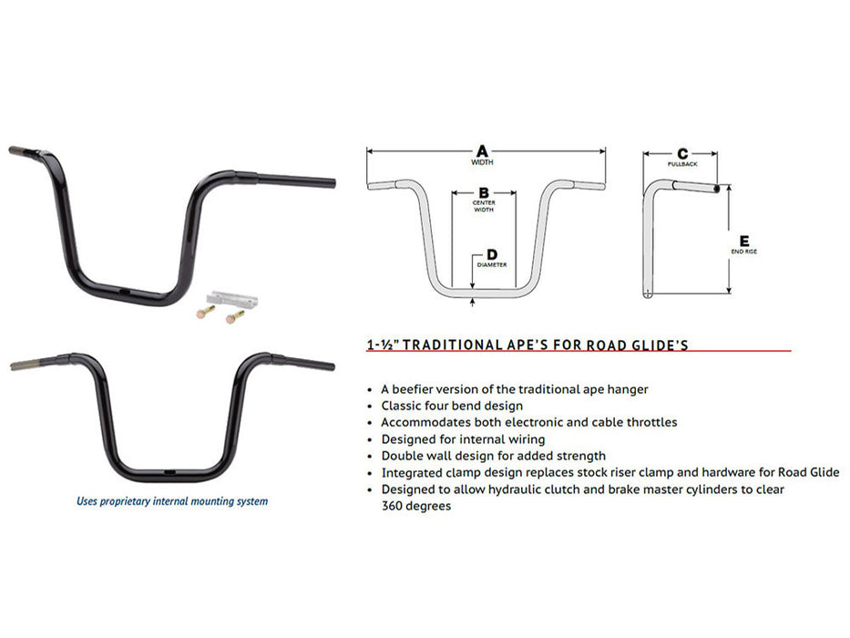10in. x 1-1/2in. Grande Traditional Ape Handlebar - Chrome. Fits Road Glide 2015-2023