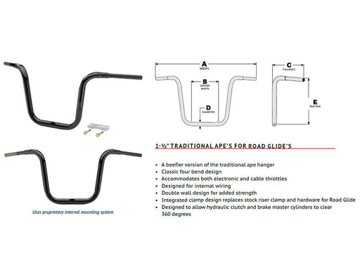 10in. x 1-1/2in. Grande Traditional Ape Handlebar - Gloss Black. Fits Road Glide 2015-2023