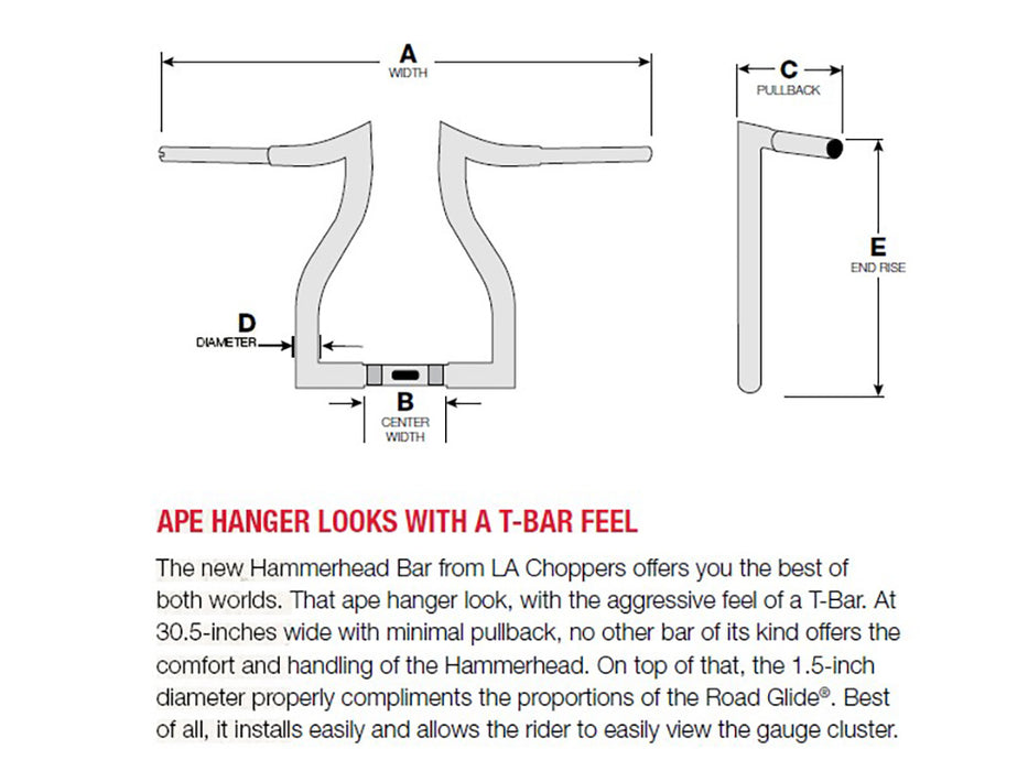 16in. x 1-1/2in. Hammerhead Handlebar - Chrome. Fits Road Glide 2015-2023 & Road King Special 2017-2025