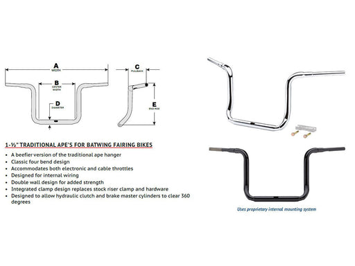 12in. x 1-1/2in. Grande Traditional Ape Handlebar - Chrome. Fits Ultra Models 2014up and Street Glide 2014-2023