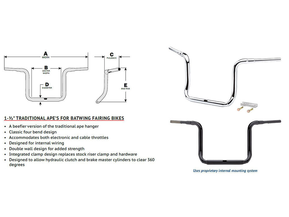 12in. x 1-1/2in. Grande Traditional Ape Handlebar - Gloss Black. Fits Ultra Models 2014up and Street Glide 2014-2023