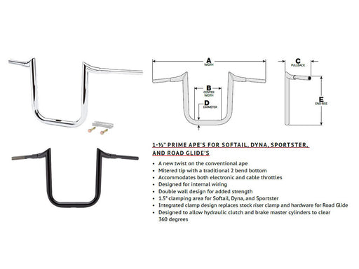16in. x 1-1/2in. Grande Prime Ape Handlebar - Gloss Black.