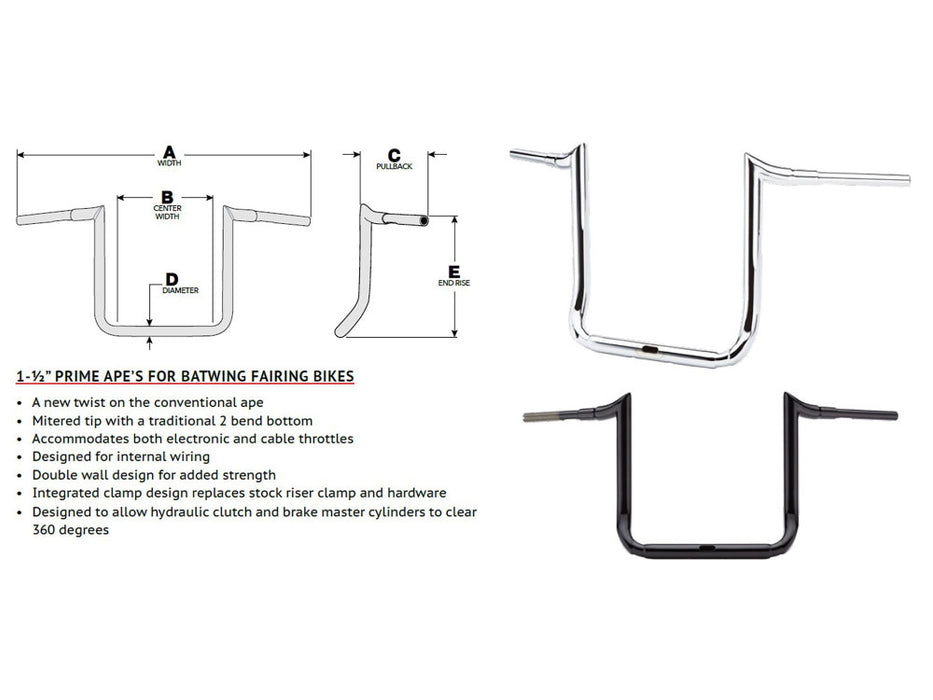 10in. x 1-1/2in. Grande Prime Ape Handlebar - Chrome. Fits Ultra Models 2014up and Street Glide 2014-2023