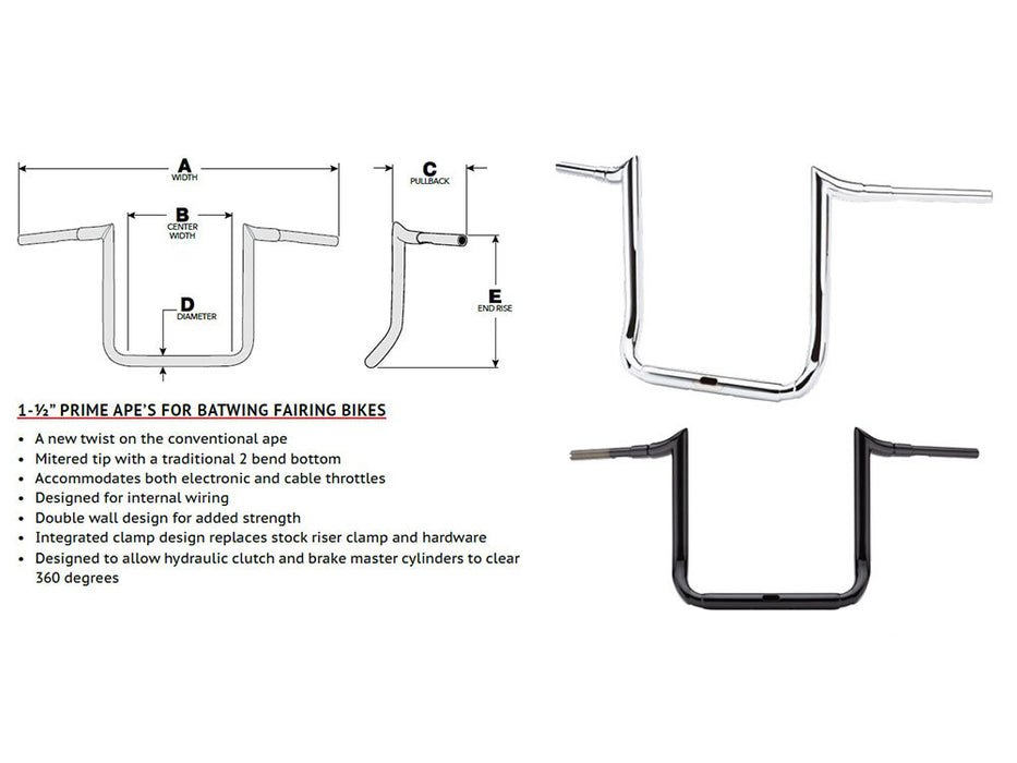 12in. x 1-1/2in. Grande Prime Ape Handlebar - Gloss Black. Fits Ultra Models 2014up and Street Glide 2014-2023