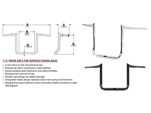 14in. x 1-1/2in. Grande Prime Ape Handlebar - Chrome. Fits Ultra Models 2014up and Street Glide 2014-2023
