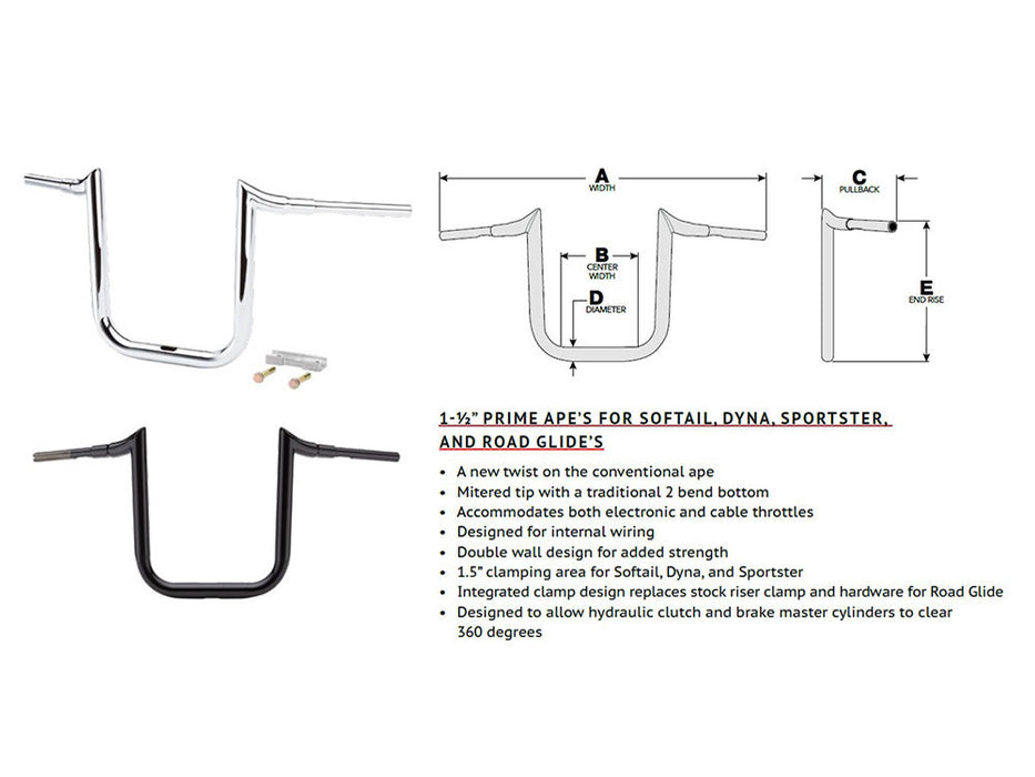 12in. x 1-1/2in. Grande Prime Ape Handlebar - Chrome. Fits Road Glide 2015-2023 & Road King Special 2017up