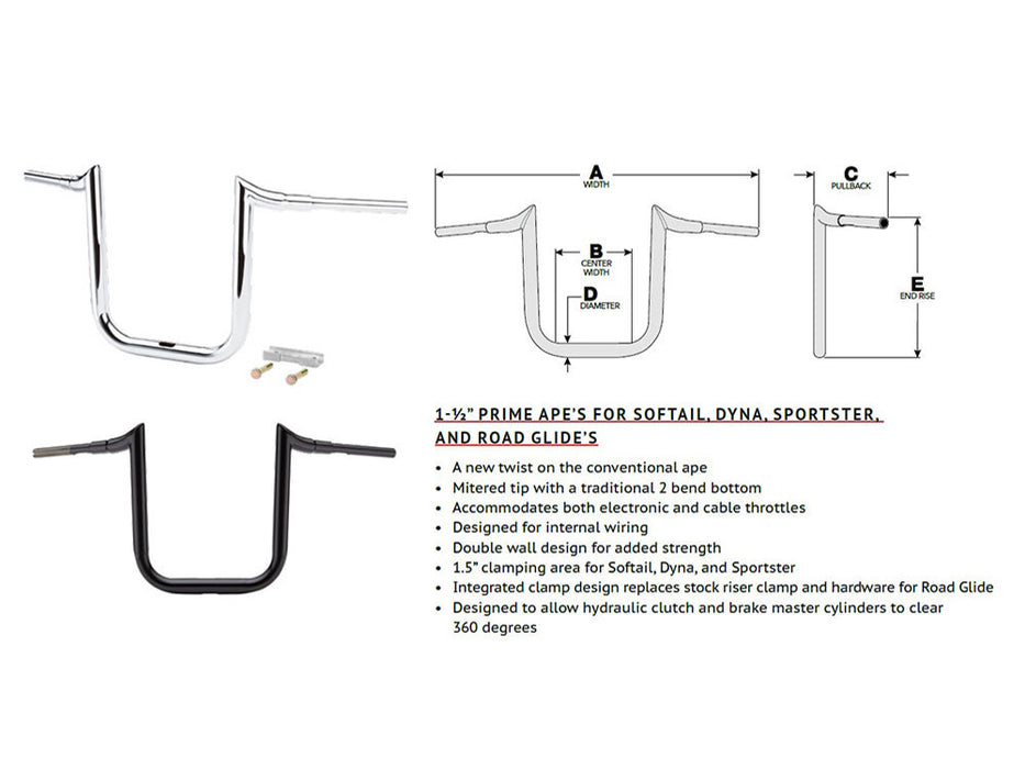 14in. x 1-1/2in. Grande Prime Ape Handlebar - Chrome. Fits Road Glide 2015-2023 & Road King Special 2017up