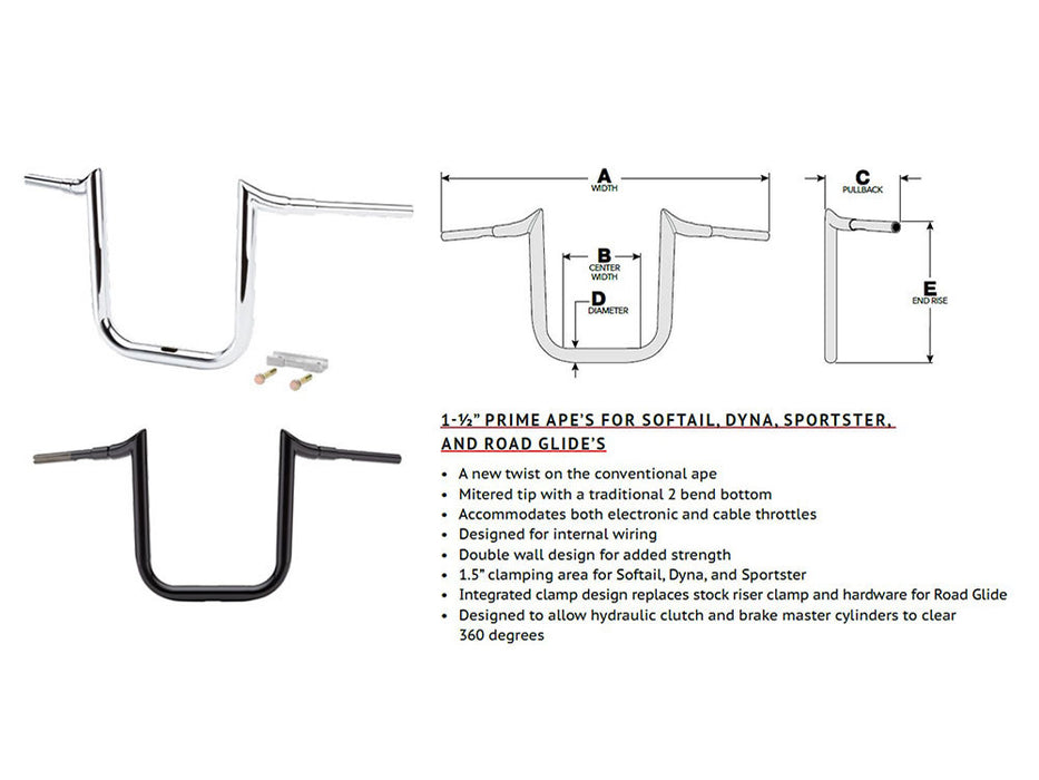 16in. x 1-1/2in. Grande Prime Ape Handlebar - Chrome. Fits Road Glide 2015-2023 & Road King Special 2017up