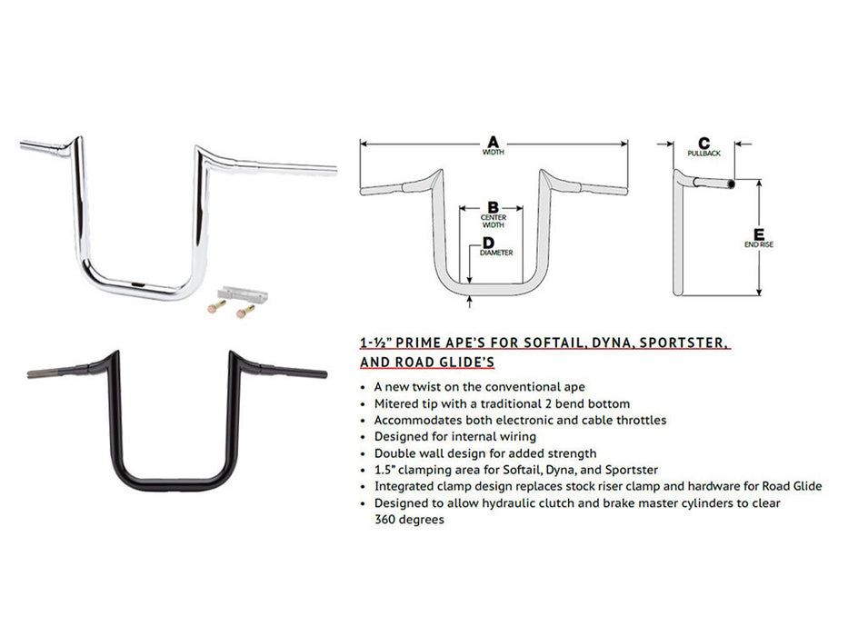 16in. x 1-1/2in. Grande Prime Ape Handlebar - Gloss Black. Fits Road Glide 2015-2023 & Road King Special 2017up