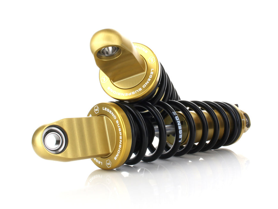 REVO-A Series, 14in. Adjustable Heavy Duty Spring Rate Rear Shock Absorbers - Gold. Fits Dyna 1991-2017.