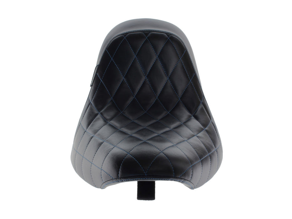 Bare Bones Solo Seat with Blue Diamond Stitch. Fits Softail 2006-2017 with 200 OEM Rear Tyre.