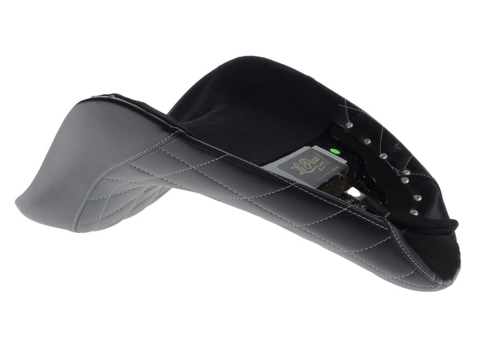 Bare Bones Solo Seat with White Diamond Stitch. Fits Softail 2006-2017 with 200 OEM Rear Tyre.