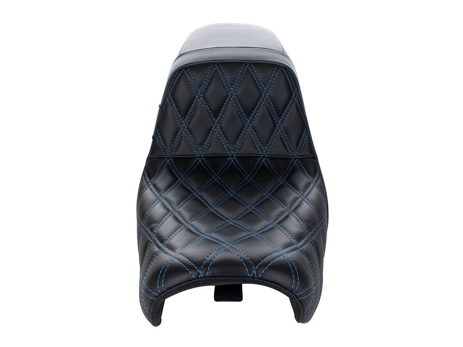Kickflip Dual Seat with Blue Double Diamond Stitch. Fits Dyna 2006-2017.