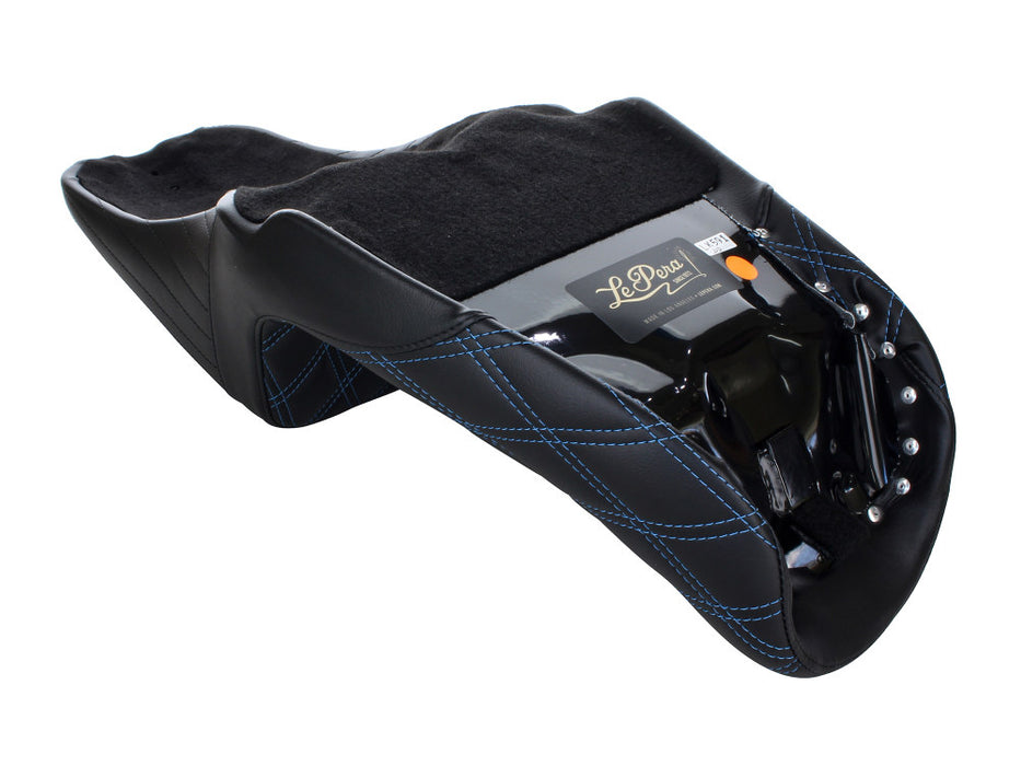 Kickflip Dual Seat with Blue Double Diamond Stitch. Fits Dyna 2006-2017.
