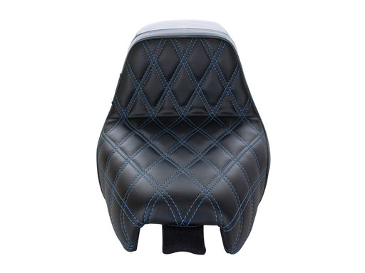 Kickflip Dual Seat with Blue Double Diamond Stitch. Fits Sportster 2004-2006 & Sportster 2010-2021 Models with either 3.3 or 4.5 Gallon Tank.