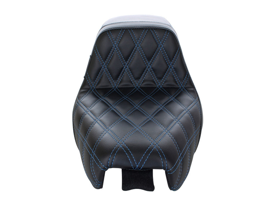 Kickflip Dual Seat with Blue Double Diamond Stitch. Fits Sportster 2004-2006 & Sportster 2010-2021 Models with either 3.3 or 4.5 Gallon Tank.
