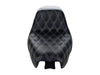 Kickflip Dual Seat with White Double Diamond Stitch. Fits Sportster 2004-2006 & Sportster 2010-2021 Models with either 3.3 or 4.5 Gallon Tank.