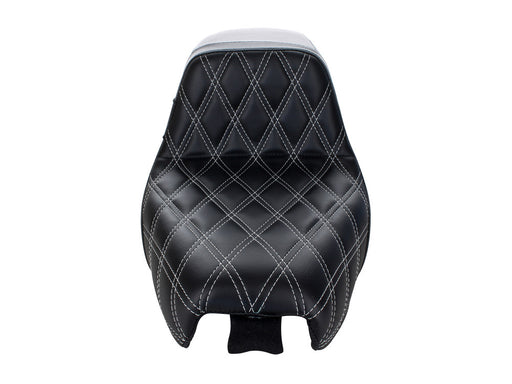 Kickflip Dual Seat with White Double Diamond Stitch. Fits Sportster 2004-2006 & Sportster 2010-2021 Models with either 3.3 or 4.5 Gallon Tank.